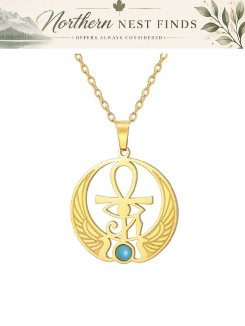 Stainless Steel Egyptian Ankh Eye of Horus Isis Necklace Protection Amulet